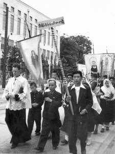 Fr. White leads a procession at the Viatorian school in Kyoto, Japan, circa 1952