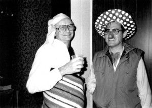 Fr. James Crilly and Fr. Albeyro Vanegas dress up for Halloween in 1982 while serving at Maternity BVM Parish