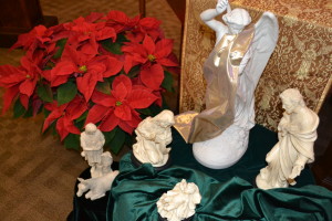 White marble nativity displayed in the Province Center chapel