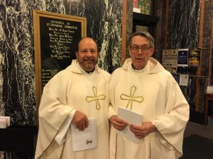 Fr. Dan Belanger, CSV, left, and Fr. John Peeters, CSV, attended the Chrism Mass at the Cathedral of St. Raymond in Joliet