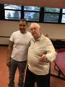 Br. Leo Ryan at a birthday celebration last week with staff member, Noé Quiroga. 