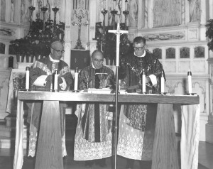 Fr. Edward Cardinal, left, Fr. Daniel O'Connor, center, and Fr. Michael Ranahan celebrate Mass at St. Viator Parish, using Fr. Ranahan's chalice, circa 1959