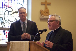 Fr. Thomas von Behren, CSV, introduces Mr. Brian Liedlich as the next president of Saint Viator High School