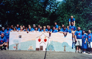 The first Hearts of Hope mission trip group, in 1999. David Baron is far right, with his friend on top of his shoulders